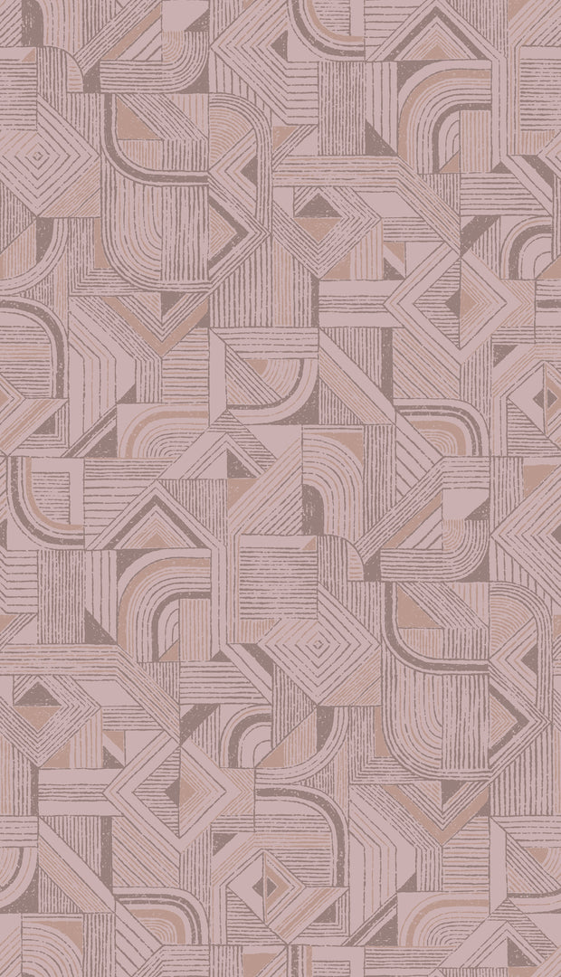A section of wallpaper with a geometric pattern in brown and pink shades. Blush Wallpaper – Offcut | 34" Fineweave Texture, By Yard