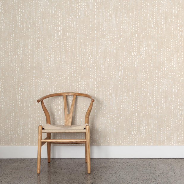 Wooden chair against a patterned wallpaper background - Kinari – Cloudburst Wallpaper | Half Drop Match | 28" Trimmed | By Yard