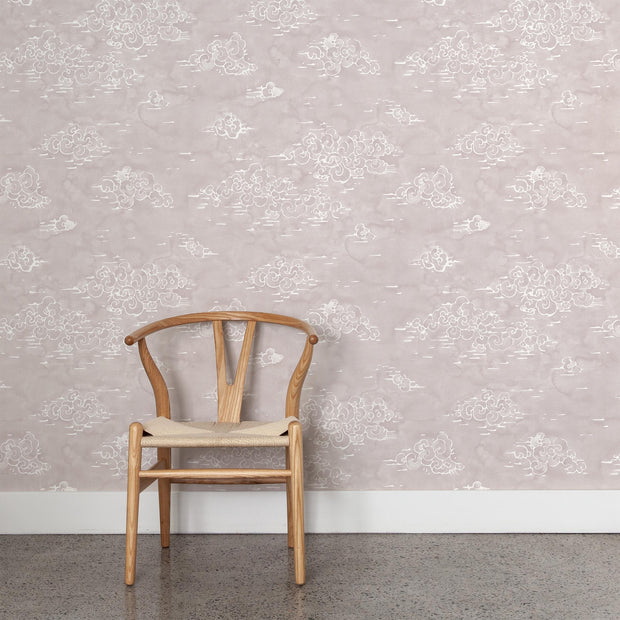 Wooden chair against a patterned wallpaper background - Dusk – Halcyon Wallpaper | Half Drop Match | 28" Trimmed | Sold by Yard