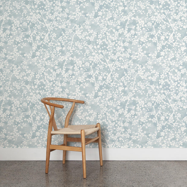 Wooden chair against a floral patterned wall - Raindrop – Sunlit Wallpaper | 28" Trimmed Width | Sold by Yard