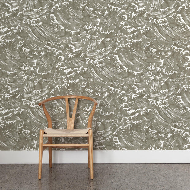 Wooden chair in front of textured wave pattern wallpaper - Storm – Tempest Wallpaper | 28" Trimmed | 36" Repeat | Half-Drop Match