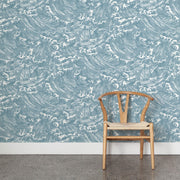 Wooden chair in front of a textured blue and white wall - Umi – Tempest Wallpaper | 28" Trimmed Width | 36" Repeat | Half-Drop