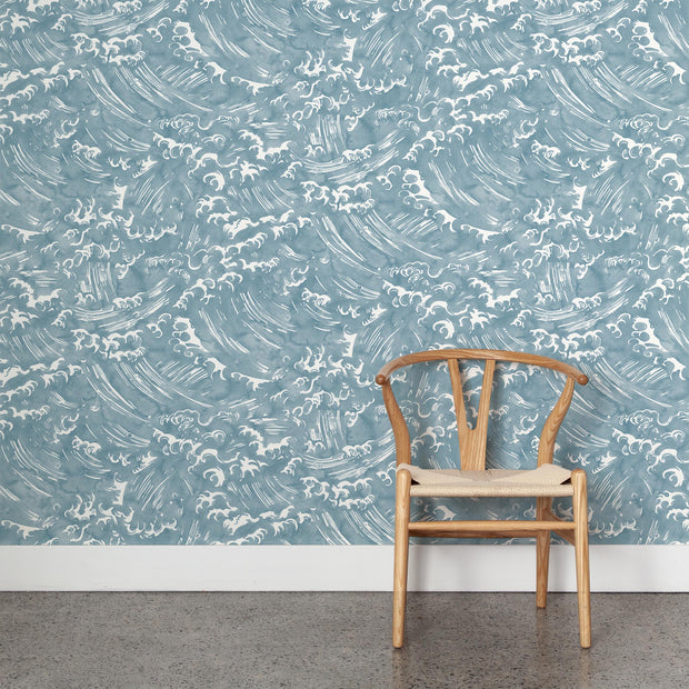 Wooden chair in front of a textured blue and white wall - Umi – Tempest Wallpaper | 28" Trimmed Width | 36" Repeat | Half-Drop
