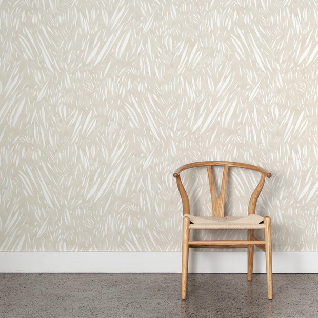 Wooden chair against a patterned wallpaper background - Suskui Wallpaper – Windswept Design, Half-Drop Match, Sold by Yard