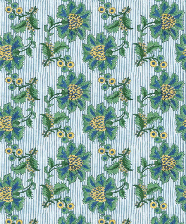 French Floral Indigo Green Stripe Wallpaper – 10m Roll, 61.5cm