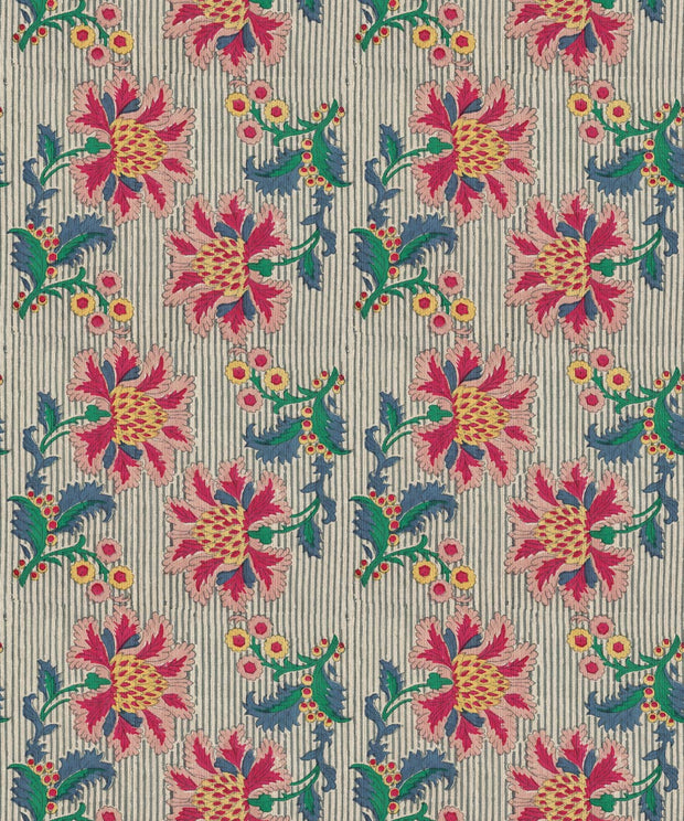 A wallpaper with a floral pattern featuring multiple colors such as blue, green, pink, and yellow, presented in a striped layout against a light background - French Floral Multi Natural Stripe Wallpaper – 10m Roll
