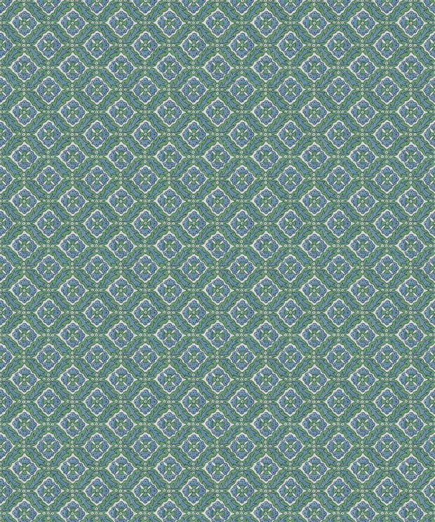 A wallpaper with a geometric pattern featuring diamonds in shades of blue and green - Istanbul Green Sky Ivory Wallpaper – Luxury Geometric Designer Décor