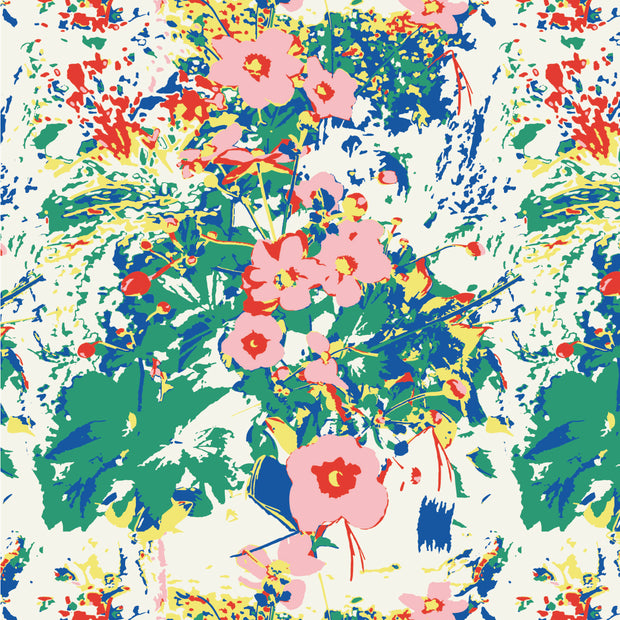 A floral pattern fabric with a variety of colors including blue, pink, green, and yellow spread across the fabric in a repeating design.