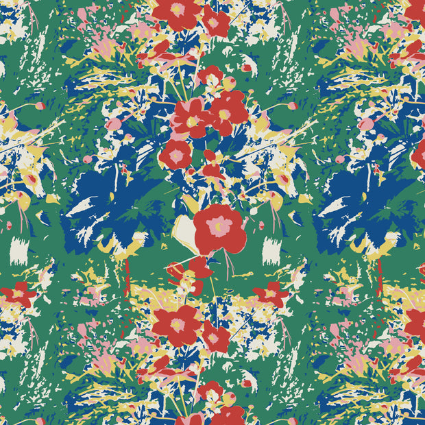 A wallpaper with a vibrant floral pattern featuring various colors including red, blue, pink, and yellow on a green background - Chelsea Green - Chelsea Green Wallpaper - Toll Coated Non-Woven, Straight Match | Supply Showroom