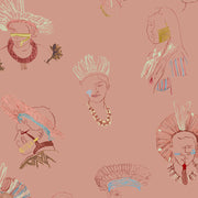 Pattern of stylized illustrations of people with headdresses on a pink background