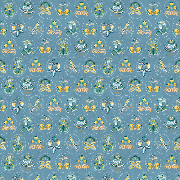 A section of wallpaper with a blue background featuring a repeating pattern of yellow and green birds, floral designs, and geometric shapes - Curio Cameo Wallpaper – French Blue & Yellow | Sarah Gordon Designer WP