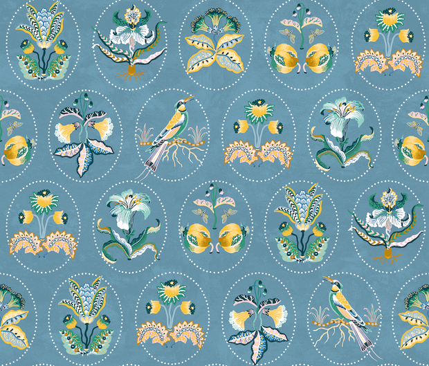 Curio Cameo Wallpaper – French Blue & Yellow | Sarah Gordon Designer WP