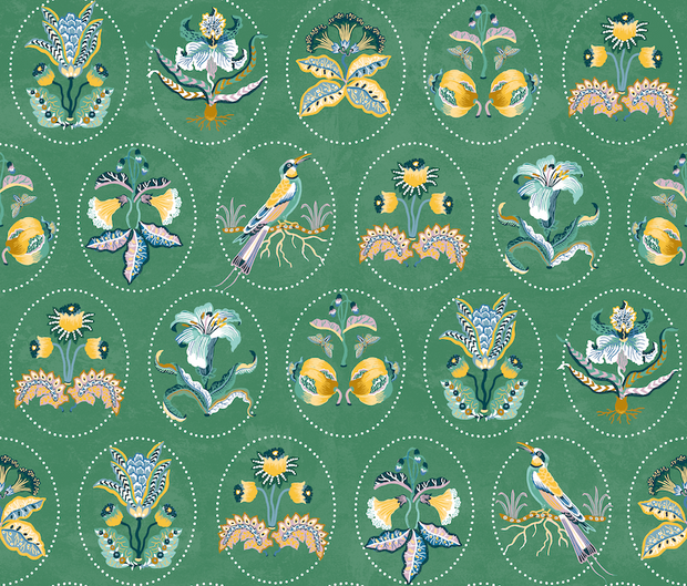 Curio Cameo Wallpaper – Jade & Yellow | Sarah Gordon Designer WP