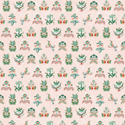 A wallpaper with a floral and bird pattern in pink and green colors on a light pink background - Curio Cameo Wallpaper – Pink Clay & Green | Sarah Gordon Designer WP