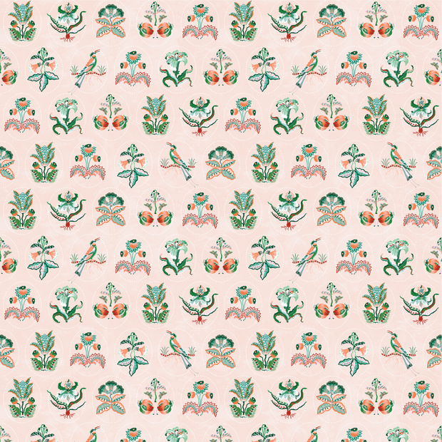 A wallpaper with a floral and bird pattern in pink and green colors on a light pink background - Curio Cameo Wallpaper – Pink Clay & Green | Sarah Gordon Designer WP