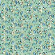 A wallpaper with a floral pattern featuring various shades of blue, green, and cream - Curious Flora Wallpaper – Jade & French Blue | Sarah Gordon Designer WP