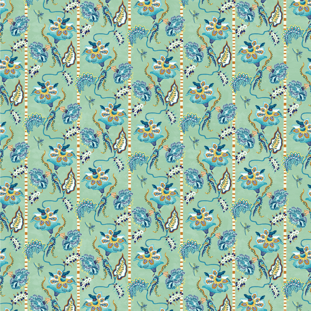 A wallpaper with a floral pattern featuring various shades of blue, green, and cream - Curious Flora Wallpaper – Jade & French Blue | Sarah Gordon Designer WP