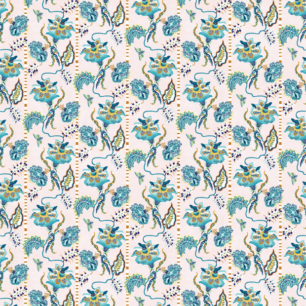 A wallpaper with a floral and botanical pattern in plaster and French blue colors - Sarah Gordon Curious Flora Wallpaper – Plaster & French Blue, Luxury Wallcovering