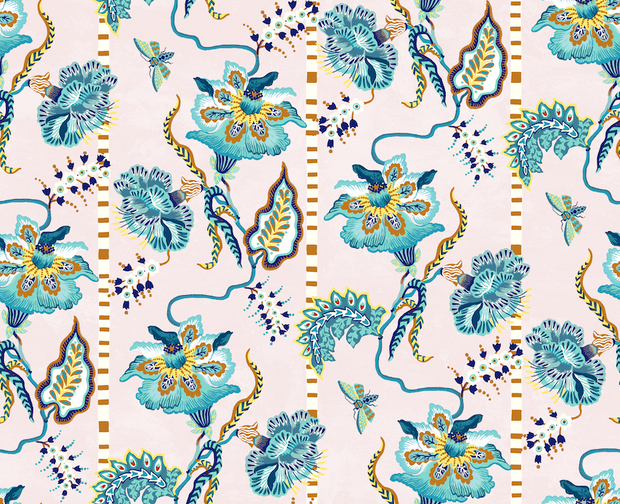 Sarah Gordon Curious Flora Wallpaper – Plaster & French Blue, Luxury Wallcovering
