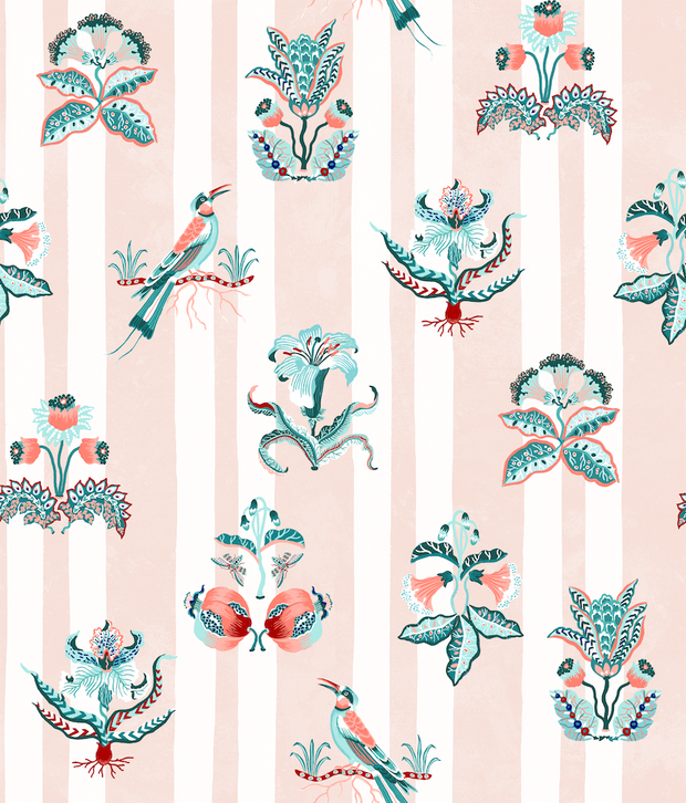 Sarah Gordon Curio Stripe Wallpaper – Pink Clay & Teal | Modern Design