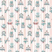 A wallpaper pattern featuring a variety of floral and botanical designs in pink, clay, and teal colors on a white background with pink stripes.