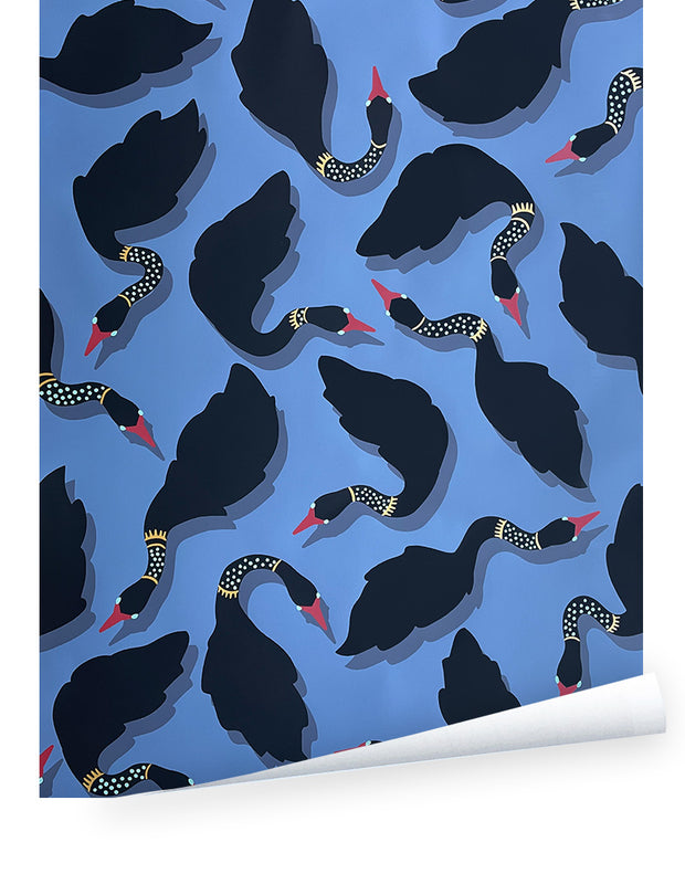 A wallpaper with a repeated pattern of black stylized birds with red beaks on a blue background - Zouzou La Joséphine Wallpaper – 27" Roll, 36" Repeat, Luxury Wall Covering