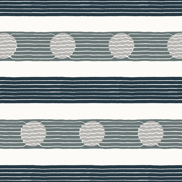 A section of wallpaper with a geometric pattern featuring circles and stripes in shades of blue, gray, and white - Latitudes California Dreamin' Wallpaper – Clay Coated, Sold by Yard