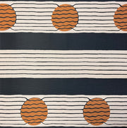 A section of wallpaper with a geometric pattern featuring stripes in beige, blue, and orange colors- Magic Hour California Dreamin' Wallpaper – Grasscloth, Sold by Yard