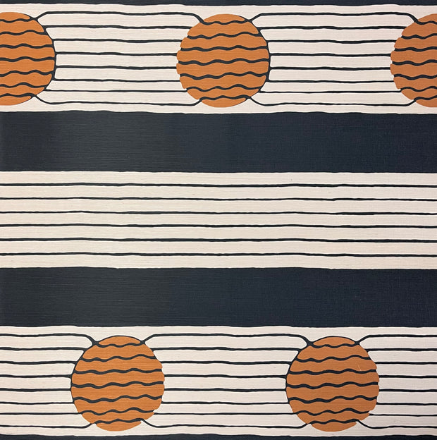 A section of wallpaper with a geometric pattern featuring stripes in beige, blue, and orange colors- Magic Hour California Dreamin' Wallpaper – Grasscloth, Sold by Yard