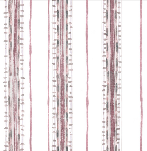 A close-up view of a striped wallpaper with pink and purple hues on a grasscloth substrate.