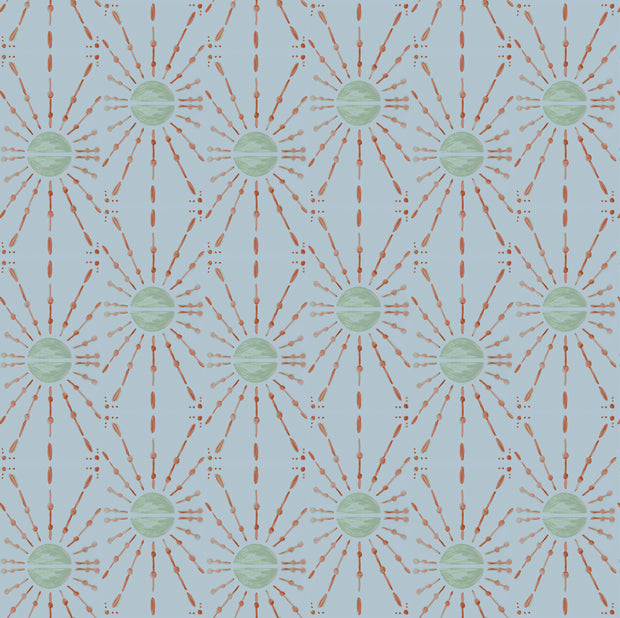 A wallpaper with a geometric pattern featuring circles and lines in shades of blue, green, and red. Blue Wallpaper – Celeste Collection | Premium Clay Coat Finish