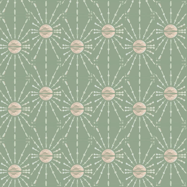 A green wallpaper with a geometric pattern of interconnected lines and circles. Celeste Wallpaper in Green – Designer Clay Coat Wallcovering