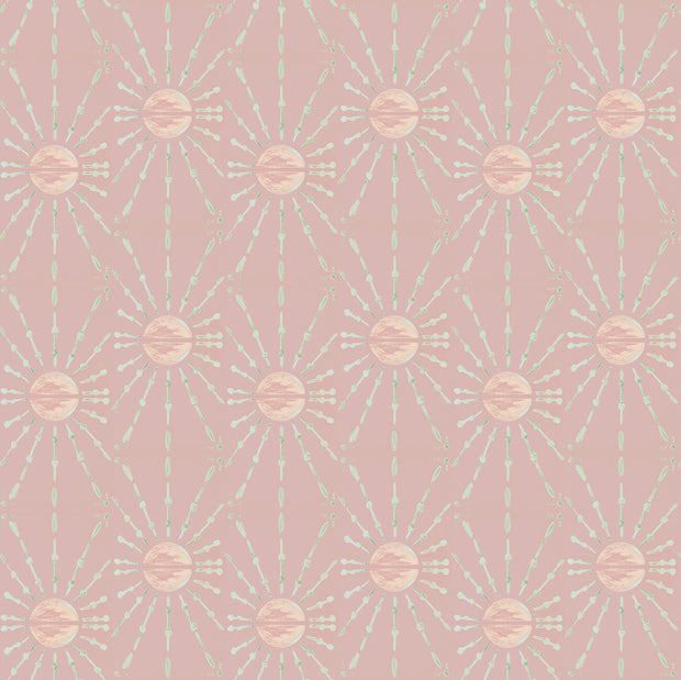 A section of wallpaper with a pink background and a floral pattern in light blue and purple hues.