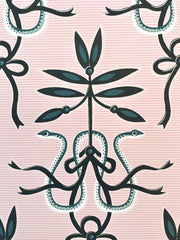 A wallpaper with a pink background featuring a repeated pattern of intertwined black and green floral designs and snakes - Charm Emily Spinach Wallpaper – 27" Roll, Straight Match, Elegant Design