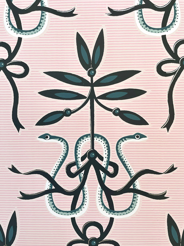 A wallpaper with a pink background featuring a repeated pattern of intertwined black and green floral designs and snakes - Charm Emily Spinach Wallpaper – 27" Roll, Straight Match, Elegant Design