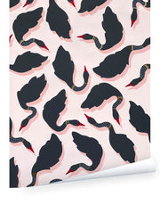 A wallpaper with a repeated pattern of black and pink birds on a pink background - Chiquita La Joséphine Wallpaper – 27" Roll, Straight Match, Luxe Design