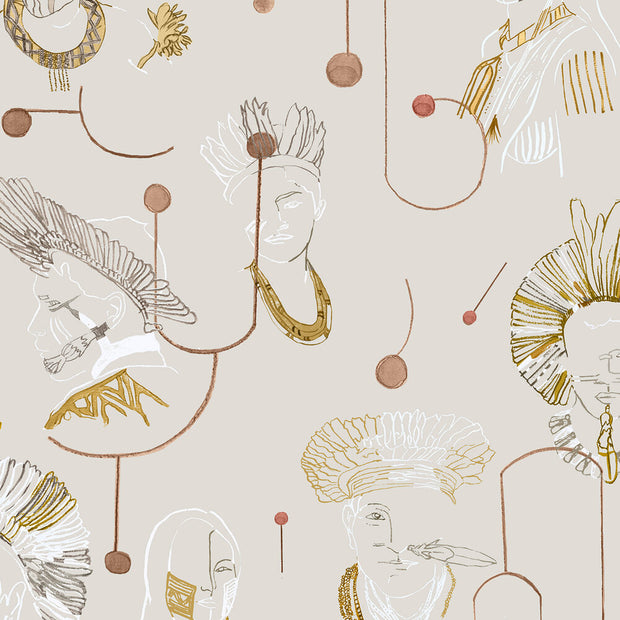 Pattern of abstract figures with jewelry on a beige background