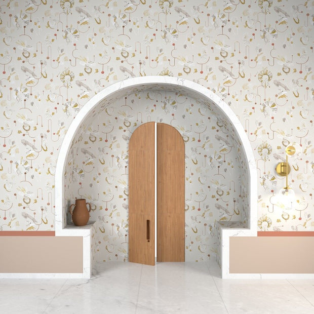 Decorative interior with an archway, wooden door, and patterned wallpaper.