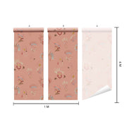 Roll of pink wallpaper with floral pattern and measurements on a white background