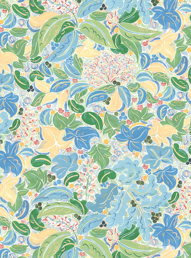A wallpaper with a vibrant floral pattern featuring various colors including beige, blue, green, and pink - Fabiola Wallpaper – Elegant Designer Floral Wall Covering Roll