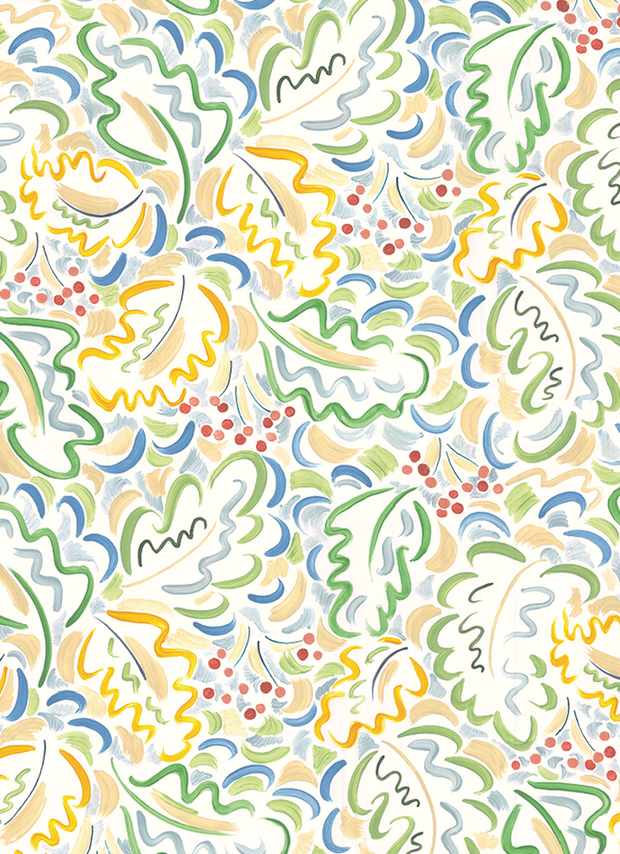 A wallpaper with a vibrant floral and geometric pattern in various colors including beige, blue, green, and orange - Marianne Wallpaper – Luxury Designer Wall Covering Roll 10m