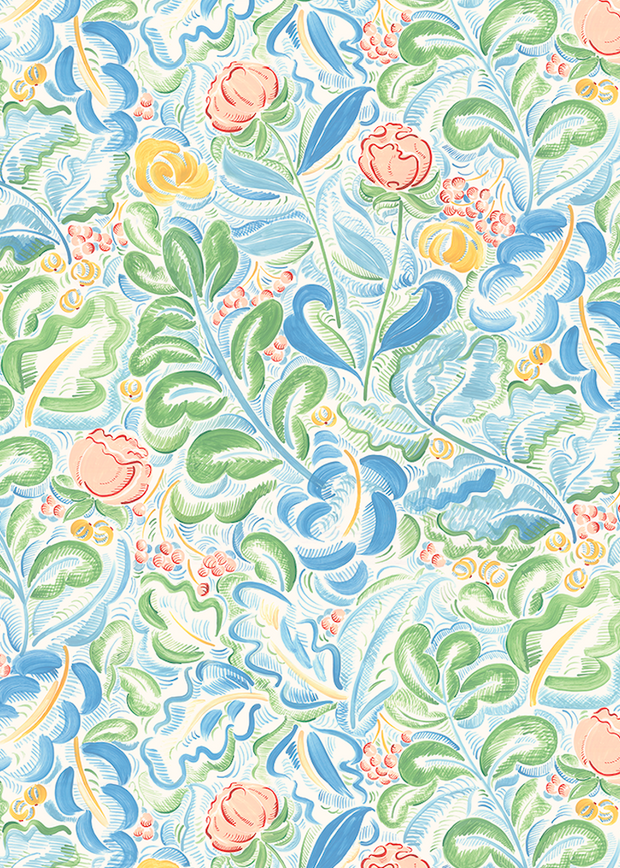 A wallpaper with a floral pattern featuring various colors including blue, green, pink, and yellow - Priscilla Wallpaper – Elegant Designer Wallcovering, 10m Roll