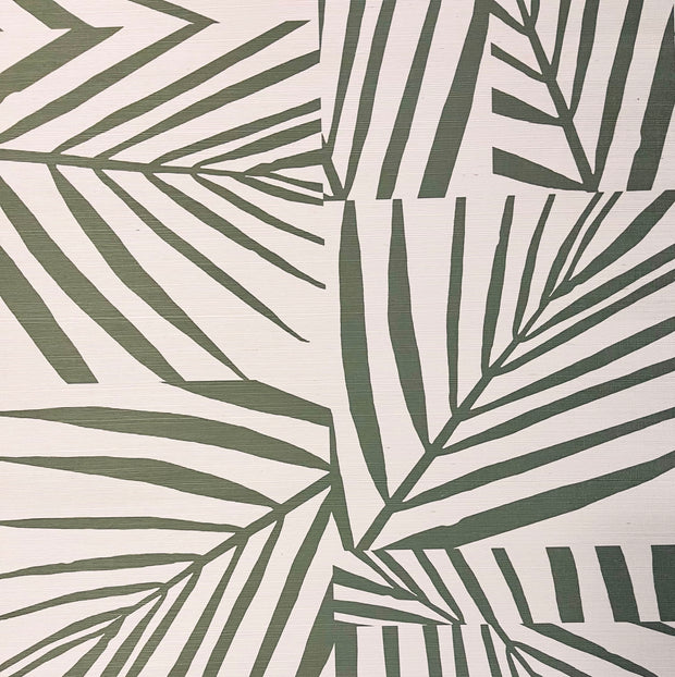 A wallpaper with a geometric pattern featuring overlapping green and beige stripes - Island Time Club Paradise Wallpaper – Grasscloth, 33” Width, Sold by Yard