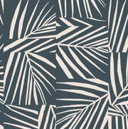 A wallpaper with a bold pattern of white and navy blue botanical motifs - Midnight Oasis Club Paradise Wallpaper – Clay Coated, Sold by Yard