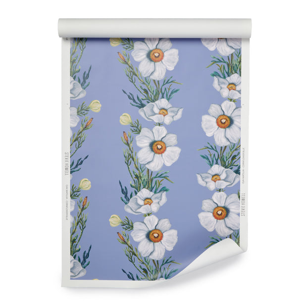 Cornflower Blue Ojai Matilija Wallpaper – Botanical Floral Design