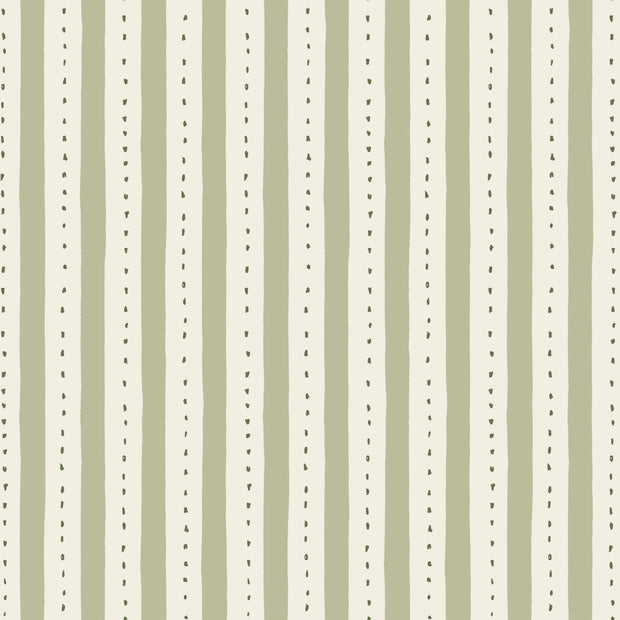 A close-up image of a wallpaper with a dotted and striped pattern in beige and green colors - Sage Wallpaper | Dotty Stripe, Eco Non Woven, 52cm Width, 10m Roll