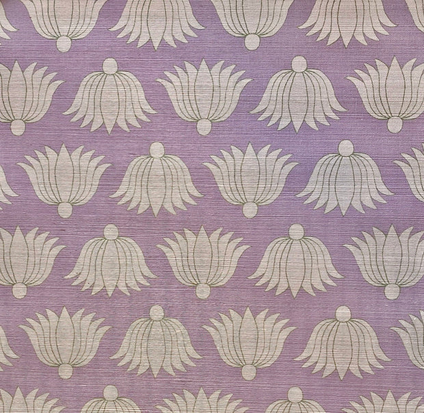 A section of wallpaper with a purple background and a geometric pattern of double lotus flowers. Jacaranda/Pearl Wallpaper – Double Lotus | Sisal Grasscloth, By Yard