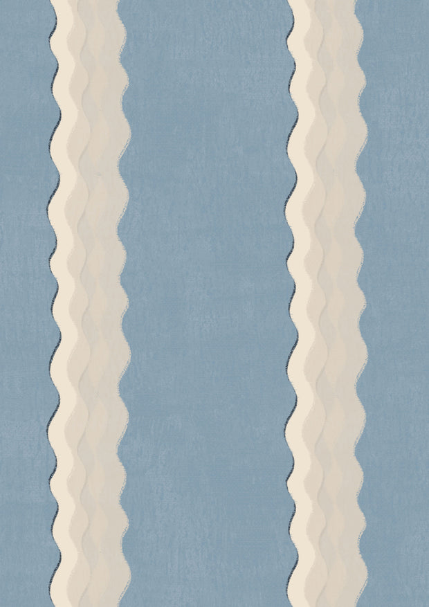 A section of double-striped fabric featuring a blue and beige color pattern.