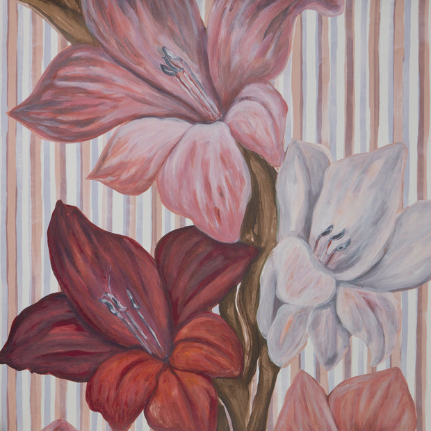 A section of wallpaper featuring a floral pattern with pink and red flowers and green leaves on a striped background - Dusty Pink Steel Magnolia Wallpaper – Large Floral Yard Wallpaper