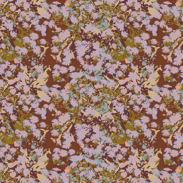 A wallpaper with a floral pattern featuring various colors including purple, green, brown, and blue - Emily Rust - Emily Rust Wallpaper - Toll Coated Non-Woven, Straight Match | Supply Showroom